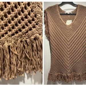 NWT Boston Proper V Pattern Open Knit Fringe Crochet Sweater Lattice Cotton Boho